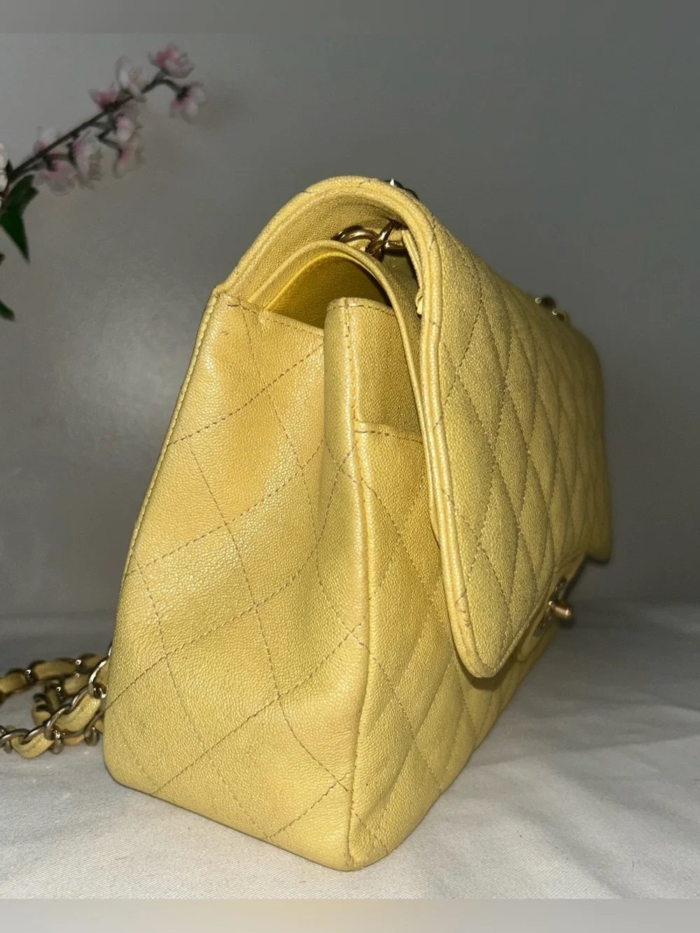 CHANEL 19S Jumbo Double Flap Quilted Caviar Handbag Iridescent Yellow / LGHW